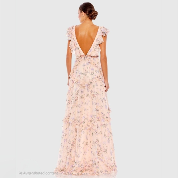 LEENA FOR MAC DUGGAL PINK MULTICOLORED RUFFLED FLORAL PRINT CAP SLEEVE GOWN - Picture 2 of 2